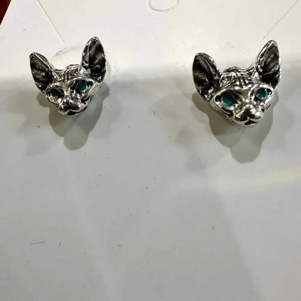 Cat Womens Earrings Silver Post Green Eyes Hairless Cats Kitten Heads NEW